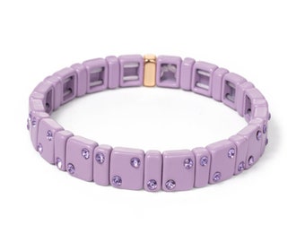 Mini Crystal Frans Lila Paars Emaille Tegel Armband Sets, Colorblock Armbanden, Tegel Kralen Armbanden, Stapelen Armbanden, EBCDTB1213B