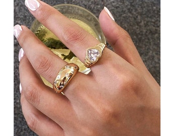 Anillo de cúpula CZ chapado en oro de 18 quilates, anillo grueso de oro, anillo de banda de oro ajustable, anillo de croissant de cristal, anillo de apilamiento