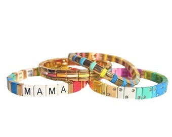 Mama Bracelet, Mother's Day Enamel Tile Bead Bracelet, Mom Colorblock Bracelet, Love Bracelet Set, Friendship Stacking Bracelet