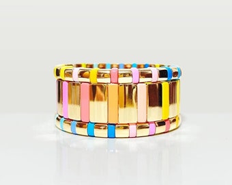 Macaron & Gold Enamel Tile Bracelet Sets, Macaron Colorblock Bracelets, Gift for Her, Tile Bracelets, Enamel Bracelets, Stacking Bracelets