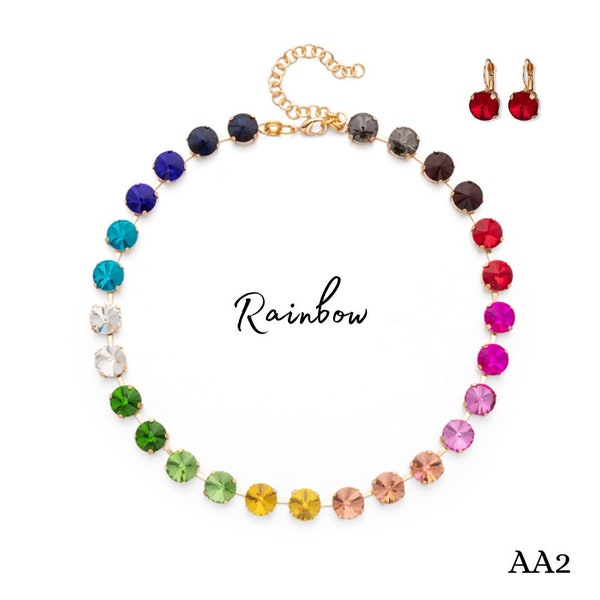 Collar de cristal austriaco arco iris de 10 mm con juego de pendientes a juego, collar Rivoli de tenis, collar de declaración de topacio, collar de cristal (AA)