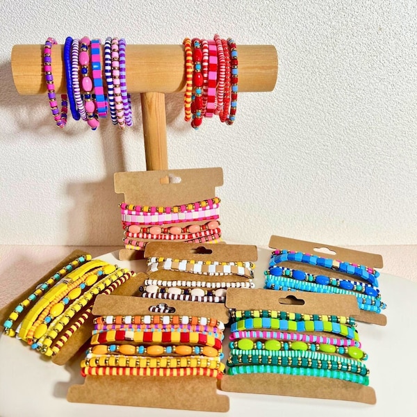 Nature-Inspired Stretchy Enamel Tile Bracelet Sets, Rainbow Bracelet Sets, Friendship Bracelets, Colorblock Stacking Bracelet, Boho Bracelet