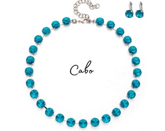 Turquoise 10mm Oostenrijkse kristallen ketting met bijpassende oorbellen set, Tennis Rivoli ketting, Topaz Statement Ketting, Crystal Collet (AB)