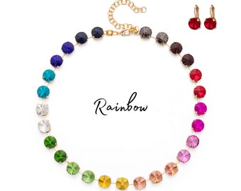 Rainbow 10mm Austrian Crystal Necklace with Matching Earrings Set, Tennis Rivoli Necklace, Topaz Statement Necklace, Crystal Collet (AA)
