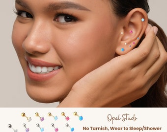 2mm/3mm/4mm Dainty 4-Claw Opal RVS Screw Back Stud, Second Hole Opal Oorbellen, Kraakbeen Stud, Helix Stud, Tragus Stud