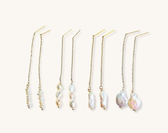 Genuine Baroque Pearl Gold Threader, Hen Do Earrings, Pull Through Earring, Minimalist Ear Wire, Bridesmaid Earring, Wedding Earring, PE0001