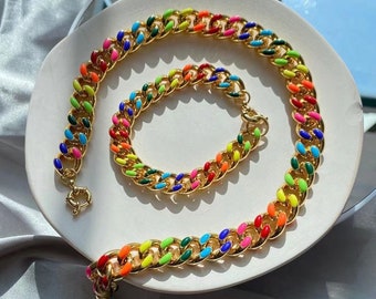 Rainbow Enamel 18K Gold Plated Thick Round Curb Necklace, Bold Curb Chain Bracelet, Chunky Chain Necklace, Link Chain, Gold Chunky Necklace