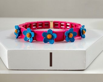 Multi-Color Daisy Enamel Tile Beads, Flower Colorblock Bracelets, Enamel Beads, Trendy Tila, Stretch Bracelets, Bohemian Bracelet, Tile Bead