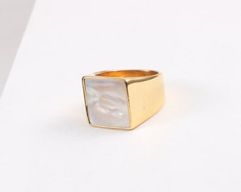18K Gold Plated Large Square Mother-of-Pearl Ring, Statement White Shell Ring, Stacking Rings, Wide Band Ring, Chunky Gold Ring