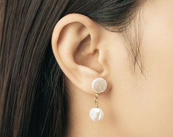 18K Gold Plated Resin Flat Pearl Drop Earrings (A Pair), Wedding Earrings, Bridesmaid Earrings, Bridesmaid Gifts, Faux Pearl Earrings