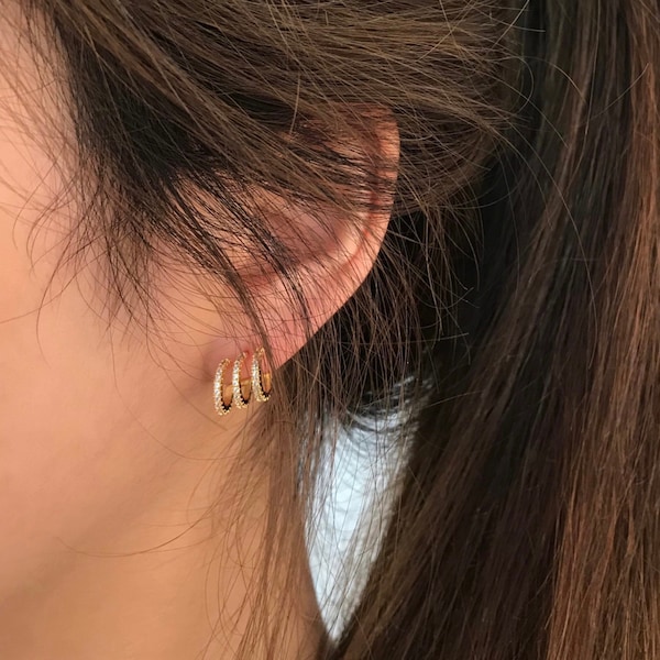 18K Gold Plated Sparkly Triple Hoop Earrings (A Pair), Gold Hoop Earrings, Triple Hoop Earrings, Light Weight Hoops, Multi Hoop Earrings