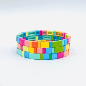 Vibrant Summer Color Enamel Tile Bracelet, Colorblock Bracelets, Tile Beads Bracelets, Stacking Bracelets, Stretchy Bracelets, Boho Bracelet