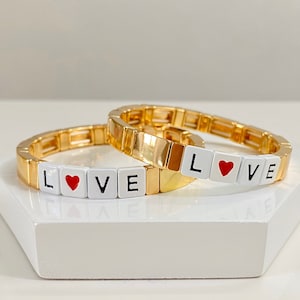 LOVE Enamel Tile Beads, Customized Letter Colorblock Bracelets, Initial Enamel Beads, Trendy Tila, Stretch Bracelets, Tile Beads Bracelets
