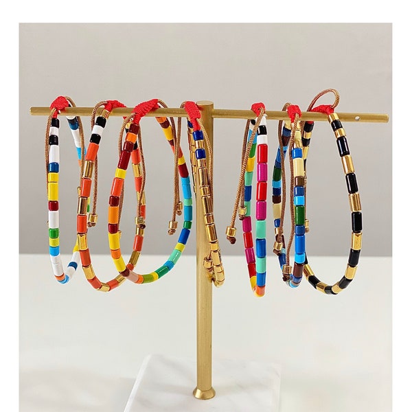 Bracelets de perles de rocaille de carreaux d'émail réglables, bracelets colorblock, perles d'émail, tila à la mode, bracelets d'empilage, bracelets Boho