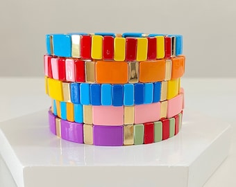 Colorful Enamel Tile Beads, Colorblock Bracelets, Enamel Beads, Trendy Tila, Stretch Bracelets, Bohemian Bracelets, Tile Beads, Gift for her