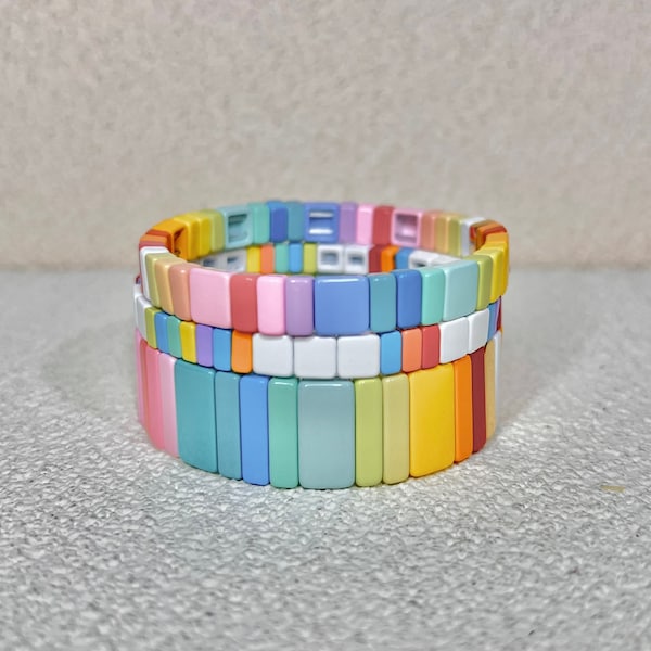 Bracelet de tuiles en émail couleur macaron, bracelets colorblock, bracelets de perles de tuiles, bracelets d'empilage, bracelets extensibles, bracelets bohèmes