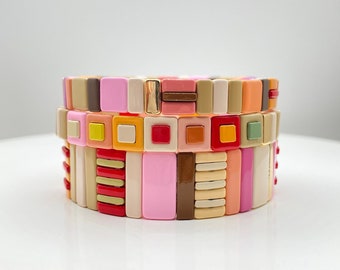 Hazel Herfstkleur Emaille Tegel Armbanden, Colorblock Armbanden, Emaille Kralen, Trendy Tila, Stretch Armbanden, Boho Armbanden, Tegelkralen