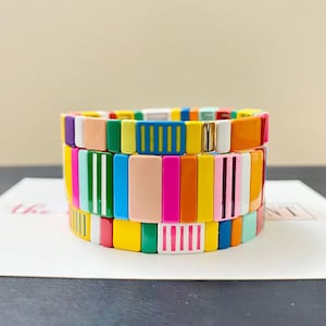 Rainbow Confetti Enamel Tile Bead Bracelet, Turquoise Colorblock Bracelet, Bracelet Set. Stacking Bracelet, Stretchy Bracelet, Boho Bracelet