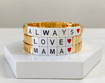 Mother’s Day Gift - ALWAYS LOVE MAMA Enamel Tile Beads, Colorblock Bracelets, Enamel Beads, Trendy Tila, Stretch Bracelets