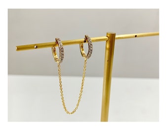 Sparkly CZ Double Hoops (Single Chain, 8cm Chain), Sparkly CZ handcuff hoops, CZ Gold Hoops, Gold Hoops, Dainty Huggies, Dainty Gold Hoops