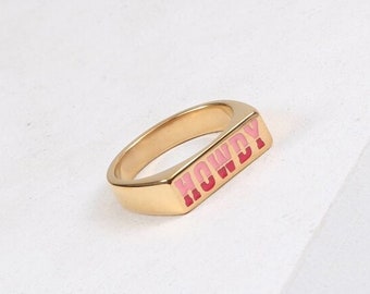 18K Gold Plated Pink Howdy Ring, Howdy Ring, Enamel Ring, Texas Ring, Gold Ring, Stacking Ring, Stackable Ring, Gift for Her, Gift for Him