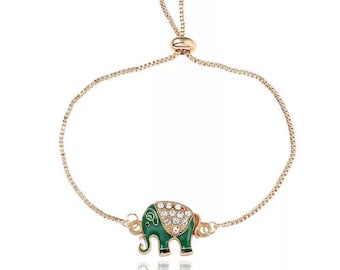 Green Elephant CZ Bracelet, Sparkly Bracelet, Elephant Bracelet, Adjustable Gold Bracelet, Delicate Friendship Bracelet, Gift for Her