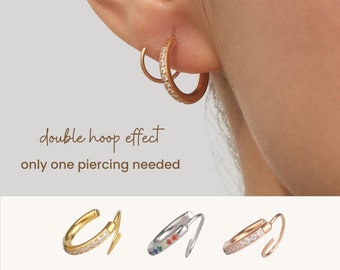 18K Gold Plated Single Pierced Double Hoops, Pave Spiral Earrings, Rose Gold Spiral Hoop Earring, Dainty Hoop Earring, Tiny Huggie Hoops