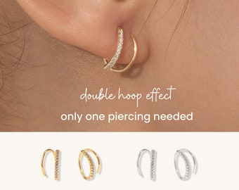 Cerceaux doubles percés simples en argent sterling, boucles d’oreilles en spirale minimalistes, boucle d’oreille Pave Spiral Hoop, boucle d’oreille Dainty Hoop, Tiny Huggie Hoops