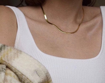 14K Gold Plated 3mm Adjustable Herringbone Choker, Dainty Gold Snake Chain Choker, Layering Choker, Flat Chain Choker, Statement Choker