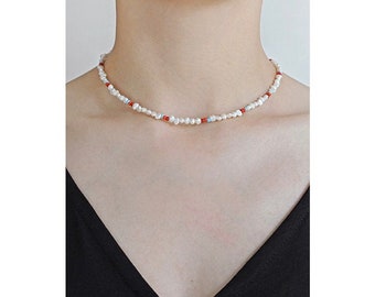 Seed Beads Baroque Pearl Choker, Bridesmaid Gifts, Heart Chain Necklace, Baroque Pearl Necklace, Genuine Fresh Water Pearl Necklace