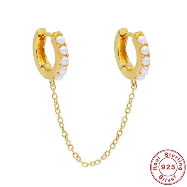 S925 Faux Pearl Dainty CZ Double Hoops, Handcuff Hoops, Gold Chain Hoop Earrings, Silver Chain Hoop Earrings, Huggies, Dainty Gold Hoops