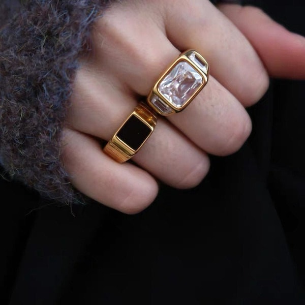18K Gold Plated Sparkly Bold CZ Ring, Black Square Signet Ring, Stacking Rings, Gold Band Ring, Chunky Gold Ring, Statement Ring Set