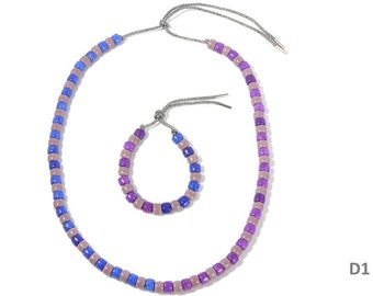 Adjustable Purple and Navy Big Pony Bead Bracelet & Necklace (Series D), 7mm Natural Big Stone, Tie On Bracelet Necklace, Pony Stone