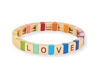 Rainbow Love Enamel Tile Beads, Customizable Initial Colorblock Bracelets, Tile Beads Bracelets, Stacking Bracelets, EB0001