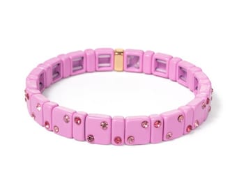 Mini Crystal Pink Rose Rainbow Enamel Tile Bracelet Sets, Colorblock Bracelets, Tile Beads Bracelets, Stacking Bracelets, EBCDTB1213D