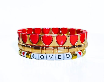 Valentines Day Enamel Tile Bead Bracelet, Red Hearts Colorblock Bracelet, Love Bracelet Set, Friendship Stacking Bracelet