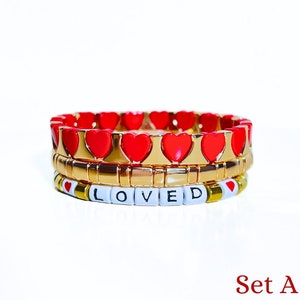 Valentines Day Enamel Tile Bead Bracelet, Red Hearts Colorblock Bracelet, Love Bracelet Set, Friendship Stacking Bracelet