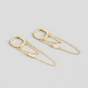 S925 Double Long Chain Earrings, Gold Chain Hoop Earrings, Silver Chain Hoop Earrings, Gold Hoops, Huggies, Dainty Gold Hoops, Punk Earring image 7