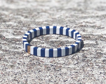 Navy & White Thin Enamel Tile Bracelets, Colorblock Bracelets, Enamel Beads, Trendy Tila, Stretch Bracelets, Bohemian Bracelets, Tile Beads