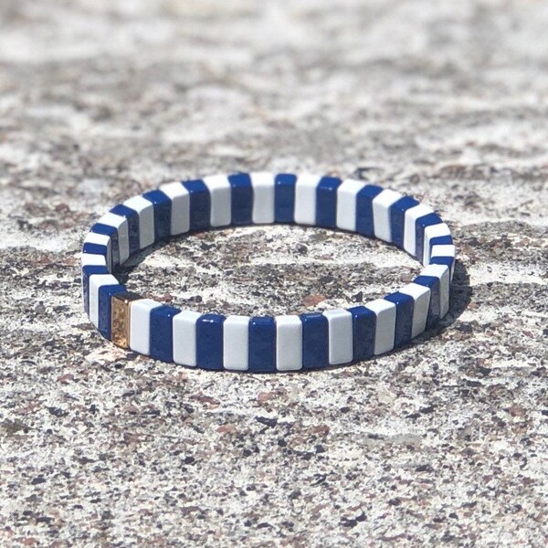 Navy & White Thin Enamel Tile Bracelets, Colorblock Bracelets, Enamel Beads, Trendy Tila, Stretch Bracelets, Bohemian Bracelets, Tile Beads