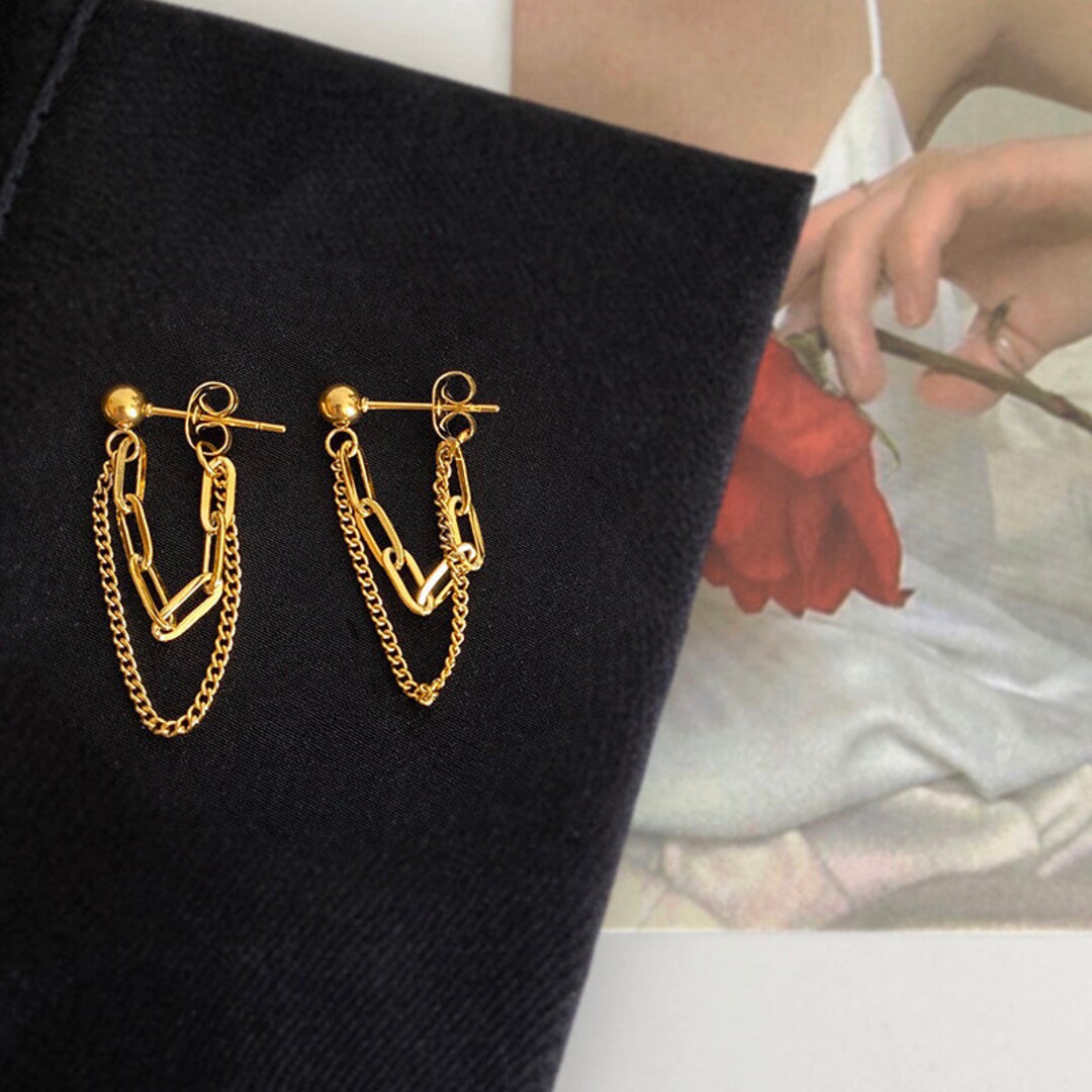 18K Gold Plated Double Chain Earrings A Pair Double Chain - Etsy