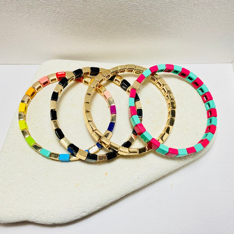 6mm Thin Gold Rainbow Tile Bracelet Sets, Colorblock Bracelets, Tile Beads Bracelets, Stacking Bracelets, Stretchy Bracelets, Boho Bracelets image 6