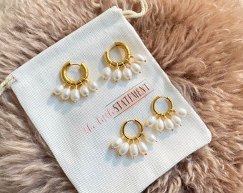 18K Gold Plated Genuine Freshwater Pearl Hoop Earrings, Pearl Tassel Earrings, Baroque Pearl Earrings, Chunky Hoop Earrings