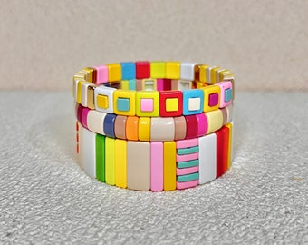 Wildflower Color Enamel Tile Bracelet, Colorblock Bracelets, Tile Beads Bracelets, Stacking Bracelets, Stretchy Bracelets, Boho Bracelets