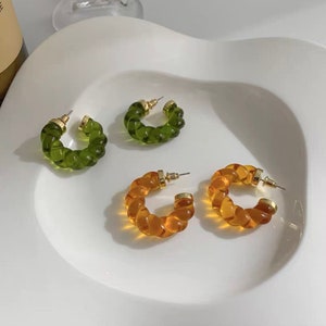 30mm Amber/Olive Chunky Acrylic Twist Hoops (A Pair), Chunky Tube Hoop Earrings, Chunky Acrylic Twist Hoops, Statement Hoops, Everyday Hoops