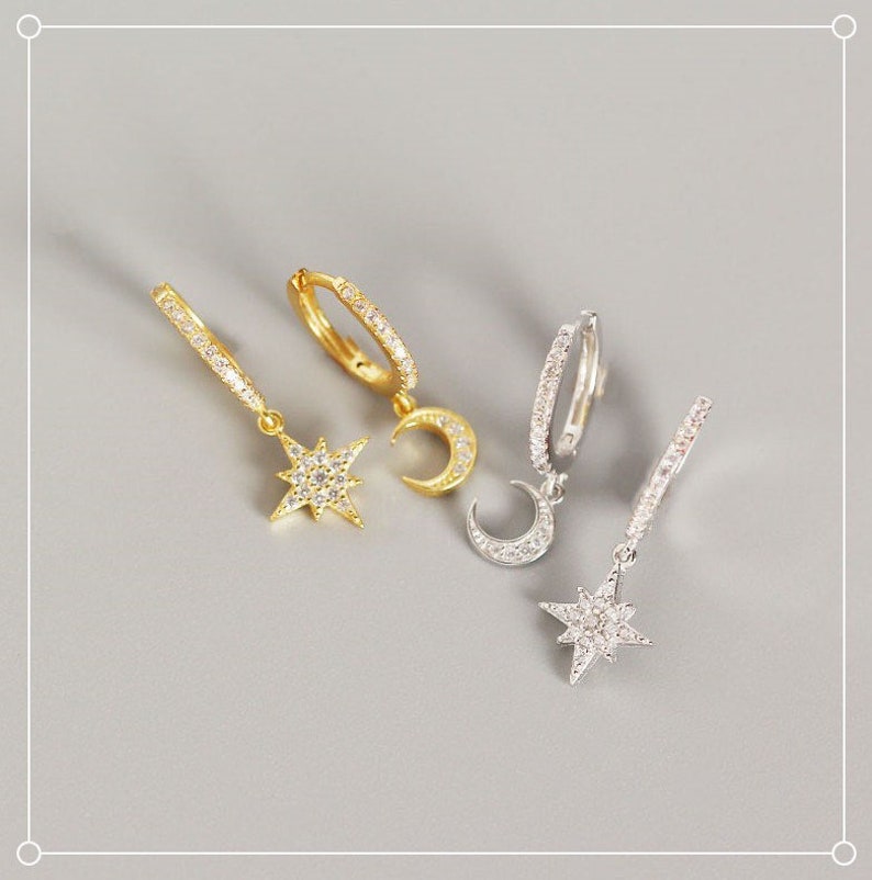 S925 CZ Star & Moon Hoop Earrings, CZ Celestial Earrings, Bridesmaid Gifts, Minimalist Earrings, Dainty Gold Huggies image 3