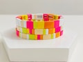 Neon Pink Yellow Enamel Tile Bracelet, Barbiecore Colorblock Bracelets, Tile Beads Bracelets, Stacking Bracelets, Stretchy Bracelets