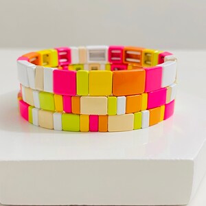 Neon Pink Yellow Enamel Tile Bracelet, Barbiecore Colorblock Bracelets, Tile Beads Bracelets, Stacking Bracelets, Stretchy Bracelets