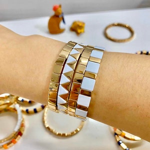 6mm Thin Gold Rainbow Tile Bracelet Sets, Colorblock Bracelets, Tile Beads Bracelets, Stacking Bracelets, Stretchy Bracelets, Boho Bracelets image 8