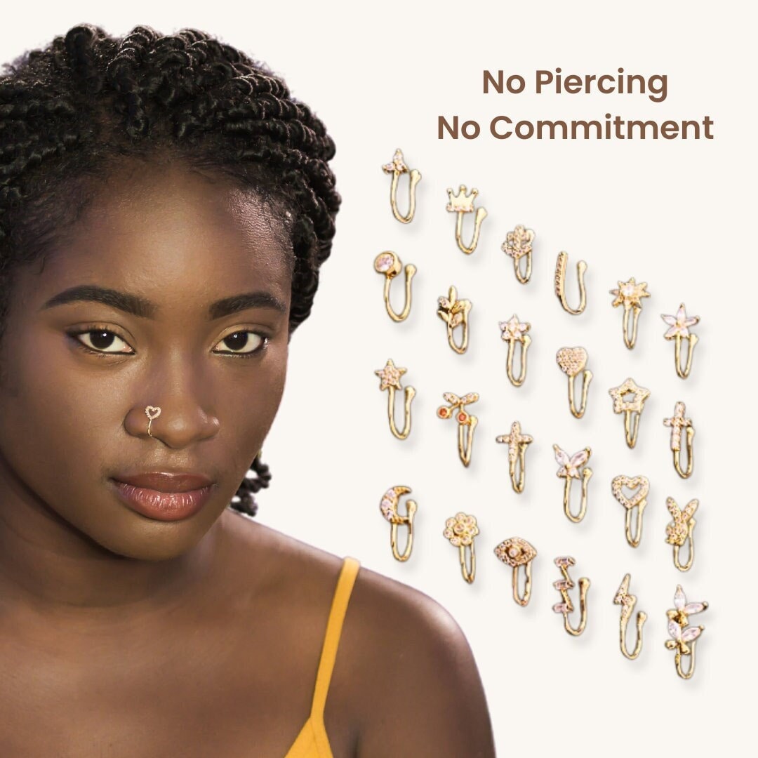 9 Pcs Fake Nose Ring Nose Cuff Non Piercing Inlaid Clip on Faux Nose Rings  Jewelry Piercing Nose Cuffs for Women Men（Silver） 